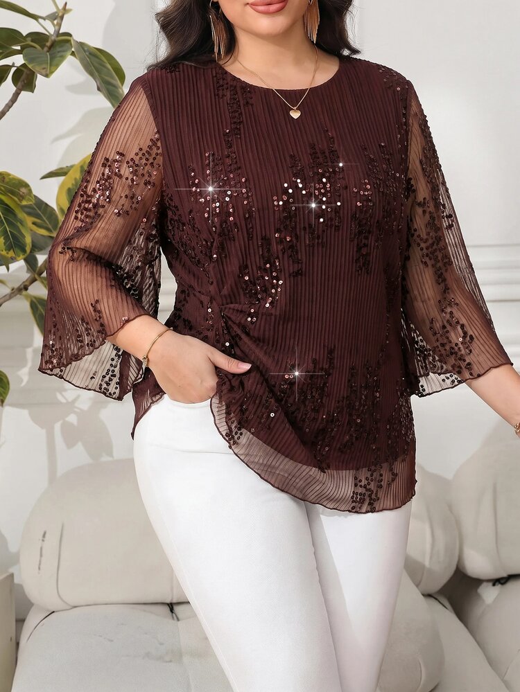 SHEIN Clasi Plus Size Fashion Elegant Sequin Mesh Blouse Fall - Brown - View 6