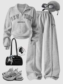 SHEIN ChillGRL Tween Girls Long Sleeve Fleece Fall Outfits 2pcs Set Spring/Autumn/Winter Casual Stand Collar Sweatshirt With Letter Pattern And Shorts Fall - Light Grey - View 3