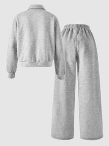 SHEIN ChillGRL Tween Girls Long Sleeve Fleece Fall Outfits 2pcs Set Spring/Autumn/Winter Casual Stand Collar Sweatshirt With Letter Pattern And Shorts Fall - Light Grey - View 2