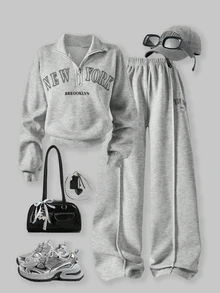 SHEIN ChillGRL Tween Girls Long Sleeve Fleece Fall Outfits 2pcs Set Spring/Autumn/Winter Casual Stand Collar Sweatshirt With Letter Pattern And Shorts Fall - Light Grey - View 1