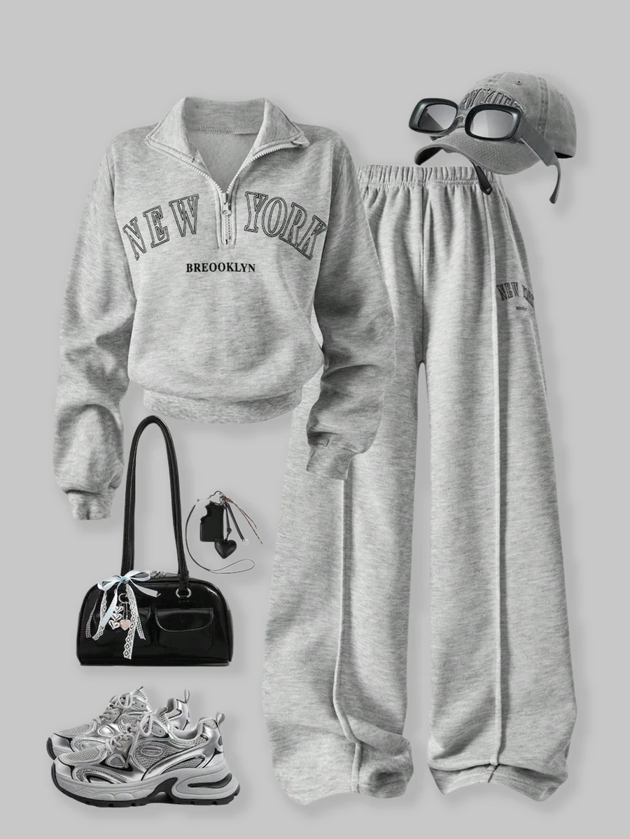 SHEIN ChillGRL Tween Girls Long Sleeve Fleece Fall Outfits 2pcs Set Spring/Autumn/Winter Casual Stand Collar Sweatshirt With Letter Pattern And Shorts Fall - Light Grey - View 1