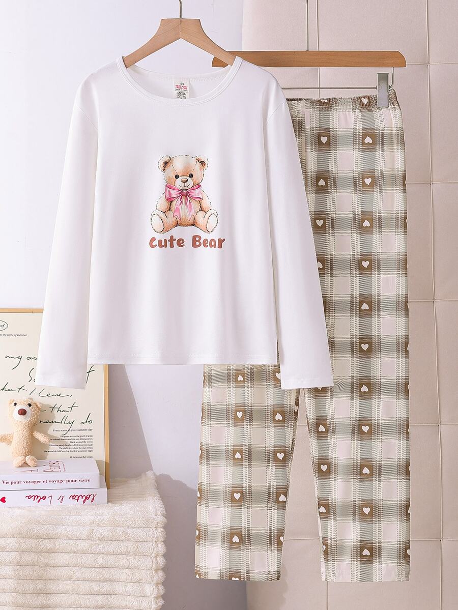 Girls Purple Solid Color Top + Plaid Long Pants Set, White Top With English Letter + Eyelash Print + Plaid Long Pants + Hair Scrunchie 4-Piece Set - White - View 1