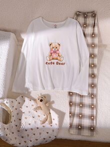 Girls Purple Solid Color Top + Plaid Long Pants Set, White Top With English Letter + Eyelash Print + Plaid Long Pants + Hair Scrunchie 4-Piece Set - White - View 2