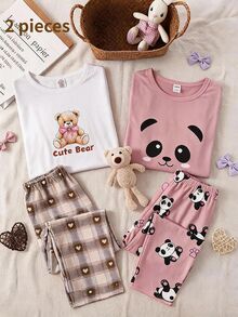 Girls Purple Solid Color Top + Plaid Long Pants Set, White Top With English Letter + Eyelash Print + Plaid Long Pants + Hair Scrunchie 4-Piece Set - White - View 6