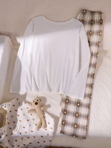 Girls Purple Solid Color Top + Plaid Long Pants Set, White Top With English Letter + Eyelash Print + Plaid Long Pants + Hair Scrunchie 4-Piece Set - White - View 3
