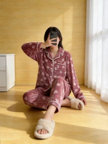 SHEIN 女童休閒舒適柔軟韓式抓絨布愛心圖案長袖長褲家居服 2 件套 抓絨內裡加厚 - 藕粉色 - 查看 5