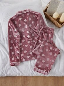 SHEIN 女童休閒舒適柔軟韓式抓絨布愛心圖案長袖長褲家居服 2 件套 抓絨內裡加厚 - 藕粉色 - 查看 2