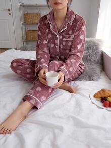 SHEIN 女童休閒舒適柔軟韓式抓絨布愛心圖案長袖長褲家居服 2 件套 抓絨內裡加厚 - 藕粉色 - 查看 4