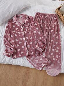 SHEIN 女童休閒舒適柔軟韓式抓絨布愛心圖案長袖長褲家居服 2 件套 抓絨內裡加厚 - 藕粉色 - 查看 7