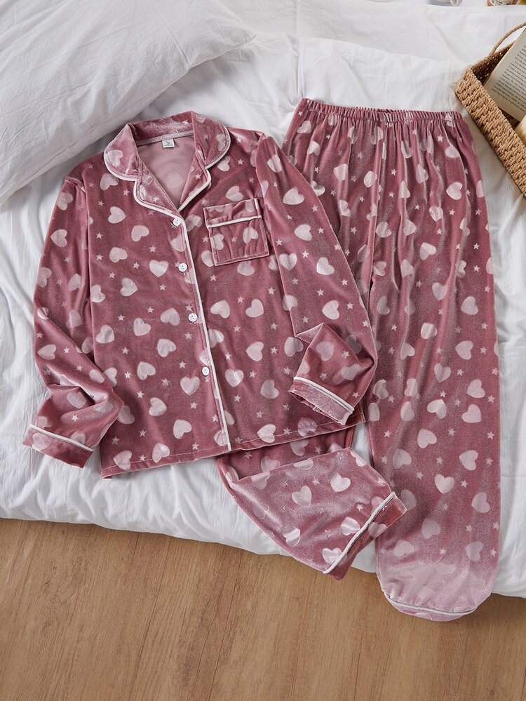 SHEIN Girls PJs Casual Comfortable Soft Korean Fleece Fabric Heart Pattern Long Sleeve Long Pants Loungewear 2 Pieces Set Fleece-Lined And Thickened - Dusty Pink - View 7