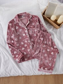 SHEIN 女童休閒舒適柔軟韓式抓絨布愛心圖案長袖長褲家居服 2 件套 抓絨內裡加厚 - 藕粉色 - 查看 6