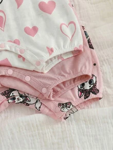 SHEIN 3件套新生女宝宝可爱卡通图案针织连体衣套装，夏季 - 彩色 - 查看 6
