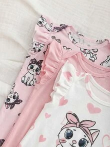 SHEIN 3件套新生女宝宝可爱卡通图案针织连体衣套装，夏季 - 彩色 - 查看 5