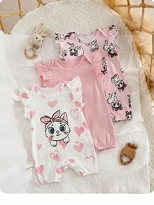 SHEIN 3件套新生女宝宝可爱卡通图案针织连体衣套装，夏季 - 彩色 - 查看 1