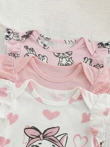 SHEIN 3件套新生女宝宝可爱卡通图案针织连体衣套装，夏季 - 彩色 - 查看 3