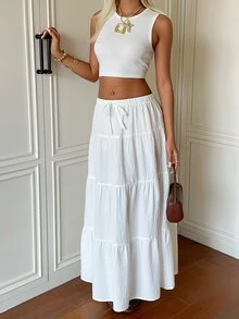 SHEIN EZwear طقم نسائي من قطعتين بلون موحد، ملابس علوية وتنورة مطوية كاجوال - أبيض - مشاهدة 5