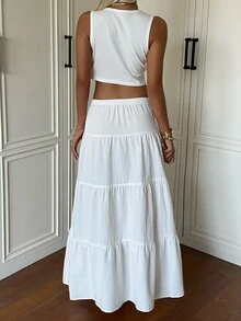 SHEIN EZwear طقم نسائي من قطعتين بلون موحد، ملابس علوية وتنورة مطوية كاجوال - أبيض - مشاهدة 2