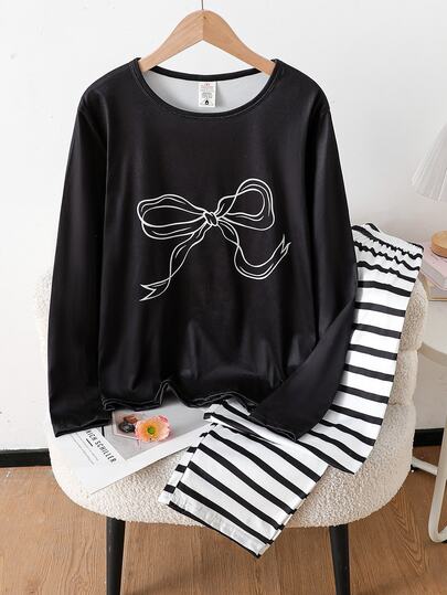 4pcs Girls' Teenager 4-Piece Set Home Wear, Long Sleeve Top With Cutout Print, All-Over Digital Print Long Pants, Milk Silk Fabric Autumn/Winter