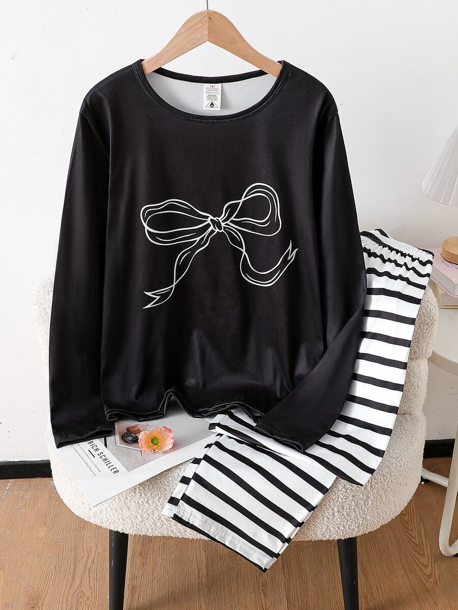 4pcs Girls' Teenager 4-Piece Set Home Wear, Long Sleeve Top With Cutout Print, All-Over Digital Print Long Pants, Milk Silk Fabric Autumn/Winter - Black - View 1