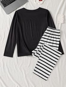 4pcs Girls' Teenager 4-Piece Set Home Wear, Long Sleeve Top With Cutout Print, All-Over Digital Print Long Pants, Milk Silk Fabric Autumn/Winter - Black - View 3