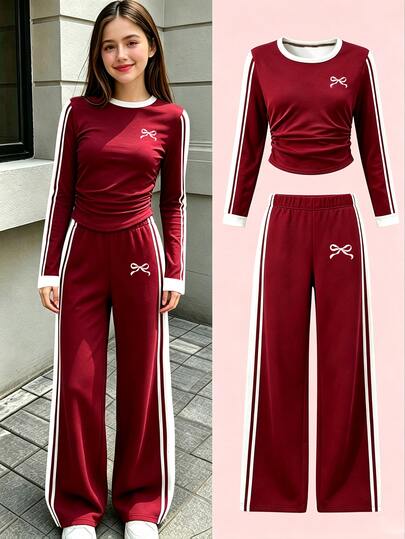 (1 Set) Autumn Girls Casual Fashion Minimalist Burgundy Base White Bow & Striped Pattern Basic Waist Gathered Long Sleeve T-Shirt & Wide Leg Pants Two Pieces Set For Outings