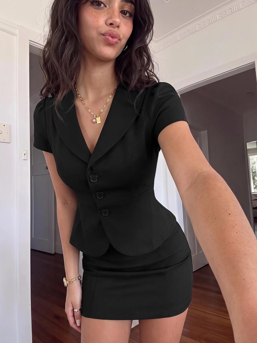 Sweetina Women's 2pcs Set Slim Fit V-Neck Lapel Shirt And Double-Breasted Skirt - Black - View 1