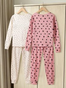 女童秋季新款可愛簡約抓絨長袖長褲家居服緊身睡衣兩件套保暖貼身 - 粉色 - 查看 2