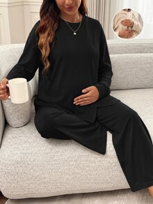 Slowluna 孕婦純色開襟上衣與長褲哺乳兩件套 - 黑色 - 查看 4