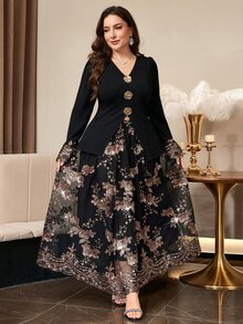 Reflora Plus Size Elegant Sequin Embroidered Mesh Patchwork Jacket & Skirt 2 Pieces Set - Multicolor - View 4