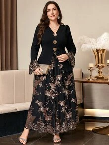 Reflora Plus Size Elegant Sequin Embroidered Mesh Patchwork Jacket & Skirt 2 Pieces Set - Multicolor - View 8