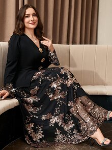 Reflora Plus Size Elegant Sequin Embroidered Mesh Patchwork Jacket & Skirt 2 Pieces Set - Multicolor - View 6