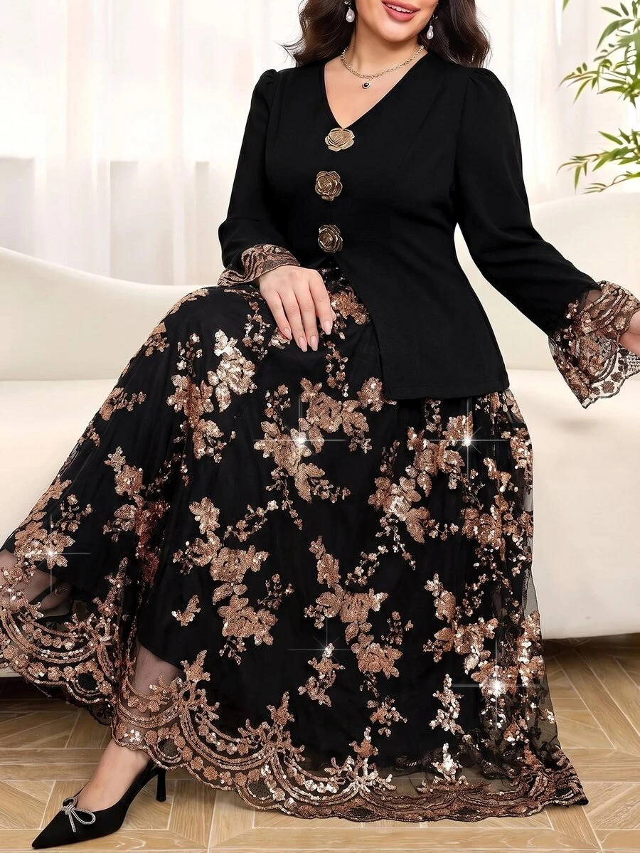 Reflora Plus Size Elegant Sequin Embroidered Mesh Patchwork Jacket & Skirt 2 Pieces Set