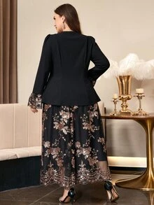Reflora Plus Size Elegant Sequin Embroidered Mesh Patchwork Jacket & Skirt 2 Pieces Set - Multicolor - View 3