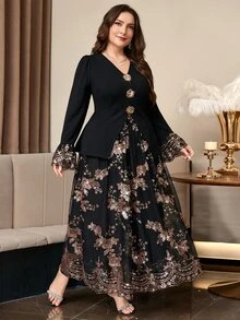 Reflora Plus Size Elegant Sequin Embroidered Mesh Patchwork Jacket & Skirt 2 Pieces Set - Multicolor - View 5