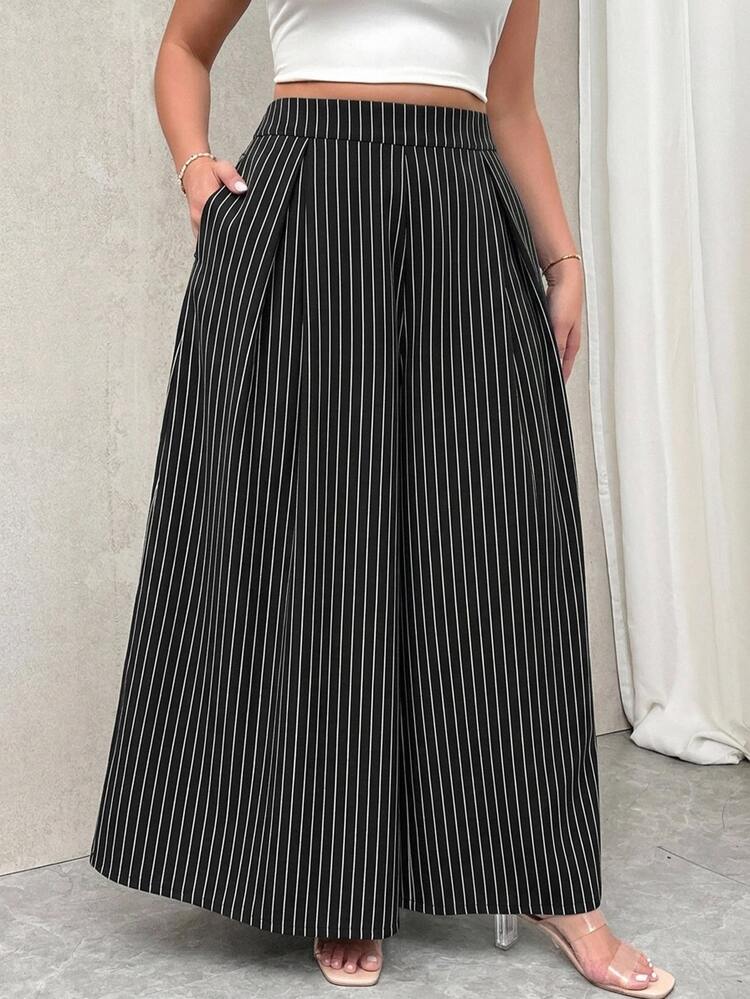 Firerie Plus Size Women's Striped High Waist Pleated A-Line Long Skirt (With Pockets), Elastic Waist Design, Flowy Long Style, Autumn/Winter New Arrival And Back To School Season, Thanksgiving, Teacher's Day - Multicolor - View 1