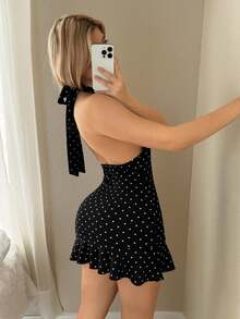Sweetina Deep V-Neck Black & White Polka Dot Casual Vintage Mini Dress - Black - View 2