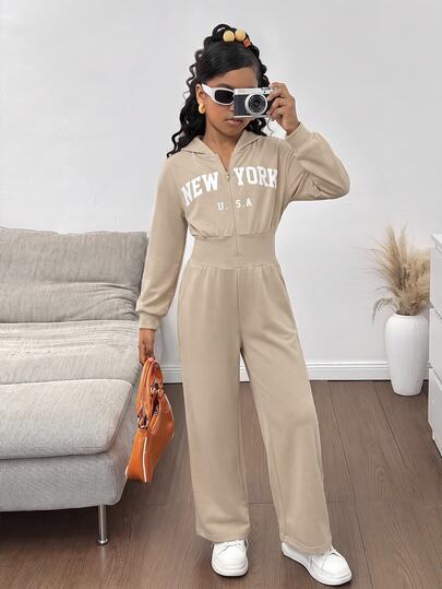 SHEIN Tween Girl Fashion Minimalist Athletic Baggy Kids Solid Color Hooded Zip-Up Printed Letter High Waist Autumn Winter Jumpsuit School Beige