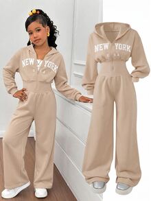 SHEIN 少女時尚簡約純色連帽拉鍊印字字母高腰秋冬連身褲 - 杏色 - 查看 1