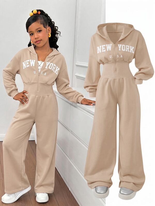 SHEIN Tween Girl Fashion Minimalist Solid Color Hooded Zip-Up Printed Letter High Waist Autumn Winter Jumpsuit