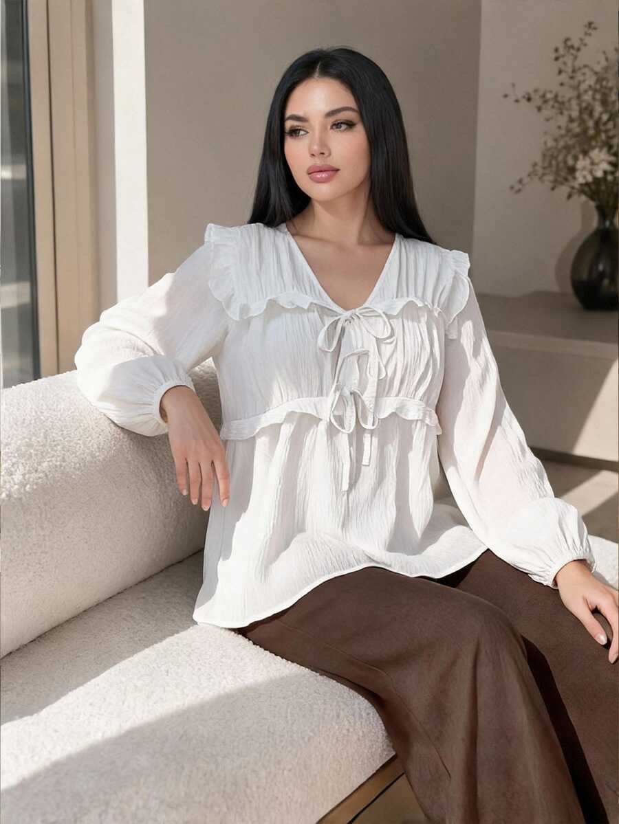 Auveirra 大尺碼女款 V 領扭轉前襟休閒優雅長袖純白色上衣,秋季服飾,情人節度假洋裝,派對正式晚裝 - 白色 - 查看 1