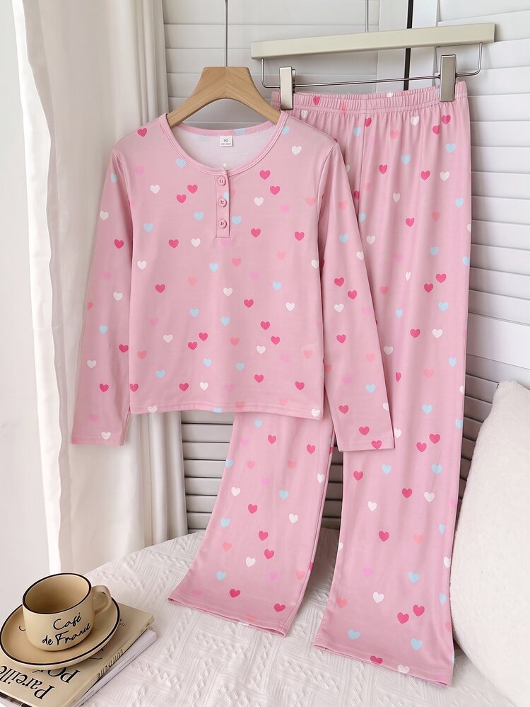 Girls' Colorful Heart Print Long Sleeve Top And Long Pants Pink Loungewear Set - Multicolor - View 7