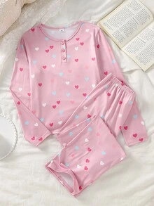女童彩色愛心印花長袖上衣與長褲粉色居家服套裝 - 彩色 - 查看 2