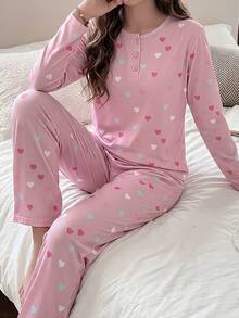 女童彩色愛心印花長袖上衣與長褲粉色居家服套裝 - 彩色 - 查看 1