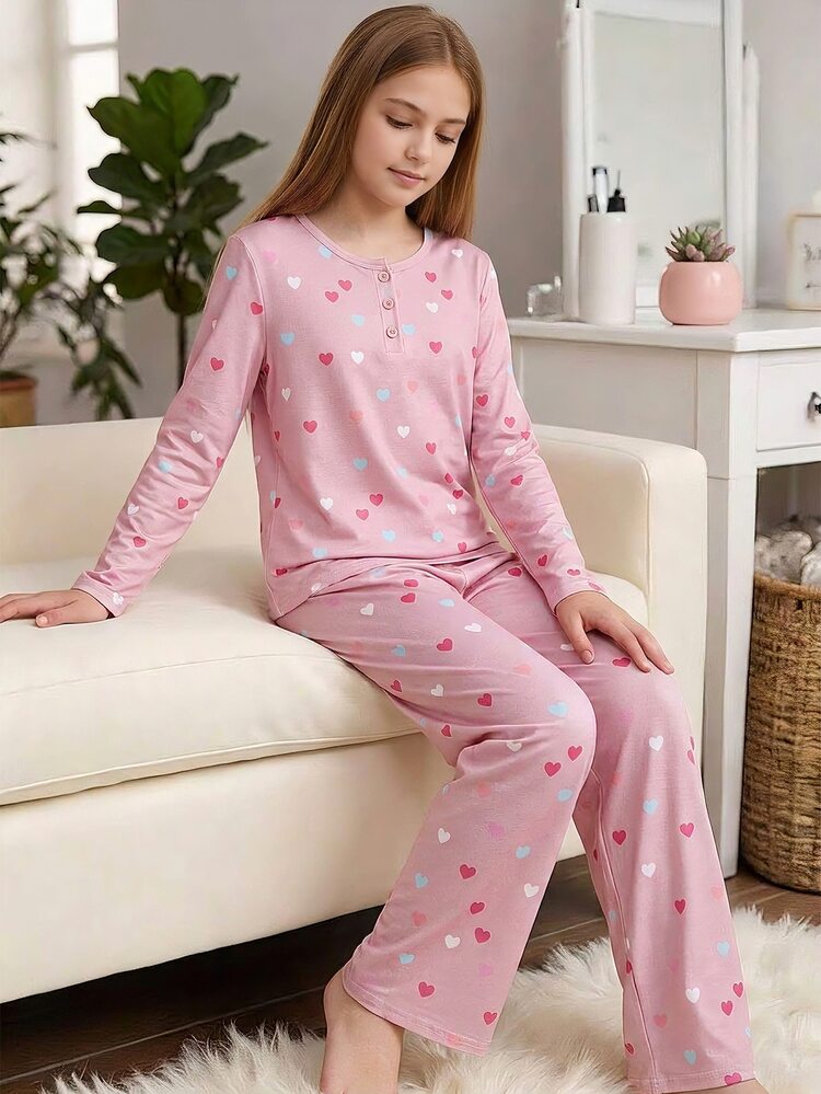 Girls' Colorful Heart Print Long Sleeve Top And Long Pants Pink Loungewear Set - Multicolor - View 8