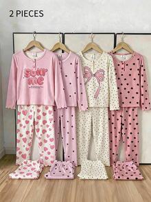 女童彩色愛心印花長袖上衣與長褲粉色居家服套裝 - 彩色 - 查看 9