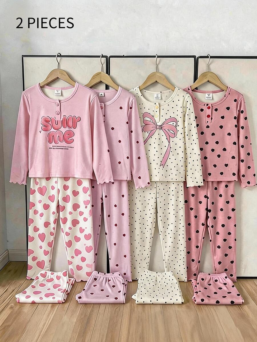 Girls' Colorful Heart Print Long Sleeve Top And Long Pants Pink Loungewear Set