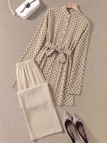 Rusticease Women's Polka Dot Pattern Long Sleeve Shirt And Pants Casual Retro Vintage 70s 2 Pieces Set Autumn Polka Dots Travel Beige - Apricot - View 4