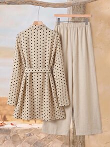 Rusticease Women's Polka Dot Pattern Long Sleeve Shirt And Pants Casual Retro Vintage 70s 2 Pieces Set Autumn Polka Dots Travel Beige - Apricot - View 3
