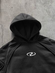 AXEPEAK 美式解構曲面開衩休閒連帽衛衣，復古 Y2K 寬鬆街頭風，適合度假 - 黑色 - 查看 3