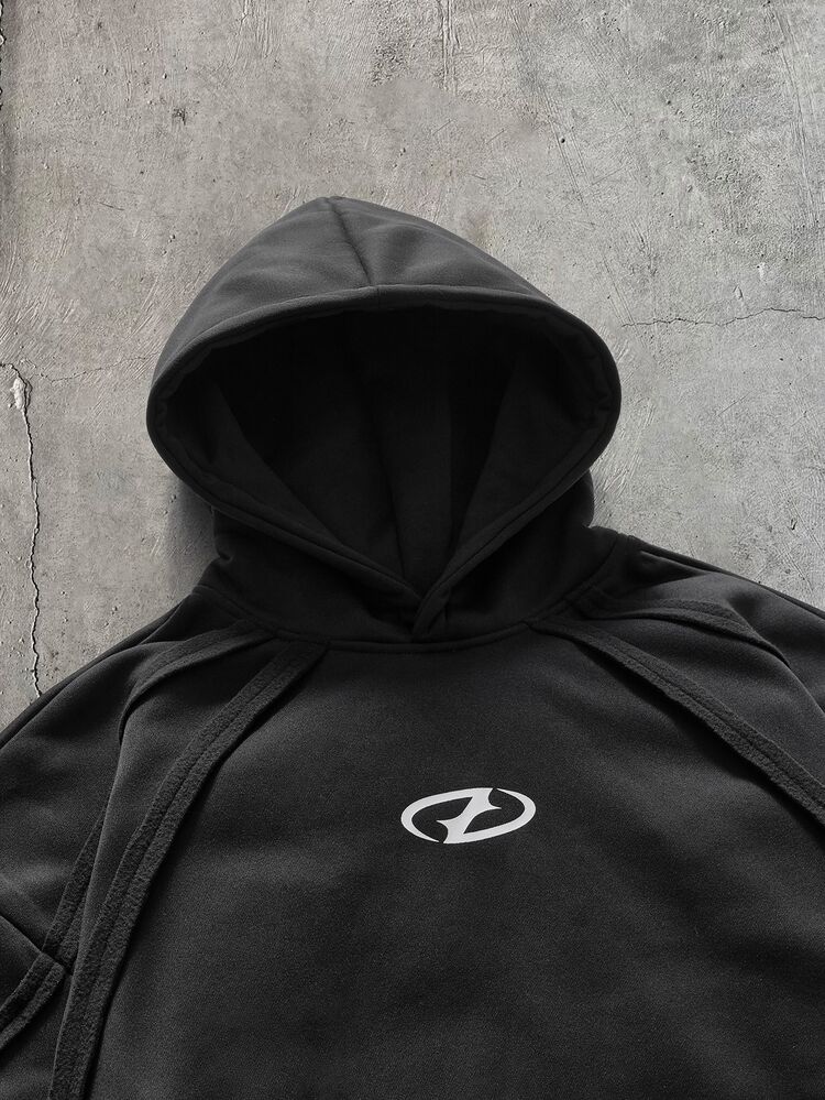 AXEPEAK American Style Deconstructed Curved Split Casual Hoodie, Vintage Y2K Baggy Streetwear, For Holiday - Black - View 3